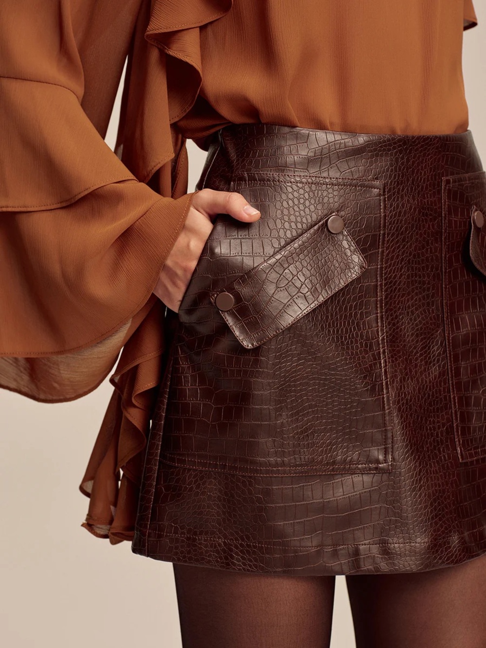 COMMENSE Faux Croc Leather Mini Skort - Dark Brown